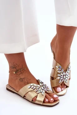 Damskie Damskie buty S.Barski Klapki Z Ozdobnymi Kamieniami S.Barski 617-22 Złote