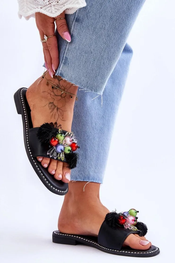 Damskie Damskie buty S.Barski Klapki Z Ozdobnymi Koralikami S.Barski KV-2775-47 Czarne