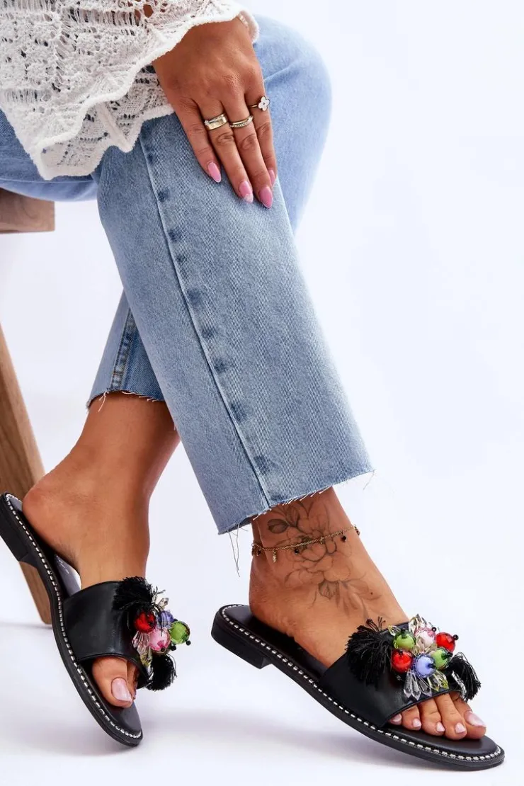 Damskie Damskie buty S.Barski Klapki Z Ozdobnymi Koralikami S.Barski KV-2775-47 Czarne