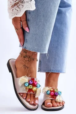 Outlet Damskie buty S.Barski Klapki Z Ozdobnymi Koralikami S.Barski KV-2775-47 Nude Beżowy