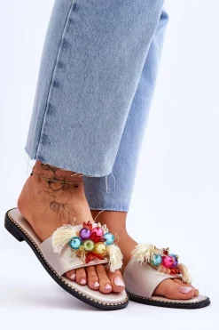 Outlet Damskie buty S.Barski Klapki Z Ozdobnymi Koralikami S.Barski KV-2775-47 Nude Beżowy
