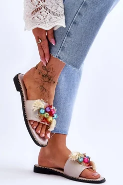 Outlet Damskie buty S.Barski Klapki Z Ozdobnymi Koralikami S.Barski KV-2775-47 Nude Beżowy