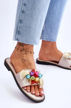 Outlet Damskie buty S.Barski Klapki Z Ozdobnymi Koralikami S.Barski KV-2775-47 Nude Beżowy