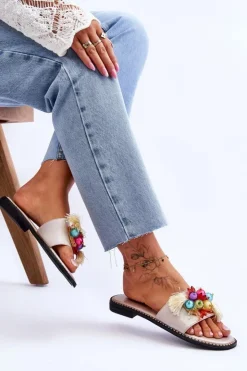 Outlet Damskie buty S.Barski Klapki Z Ozdobnymi Koralikami S.Barski KV-2775-47 Nude Beżowy