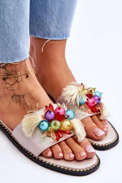 Outlet Damskie buty S.Barski Klapki Z Ozdobnymi Koralikami S.Barski KV-2775-47 Nude Beżowy