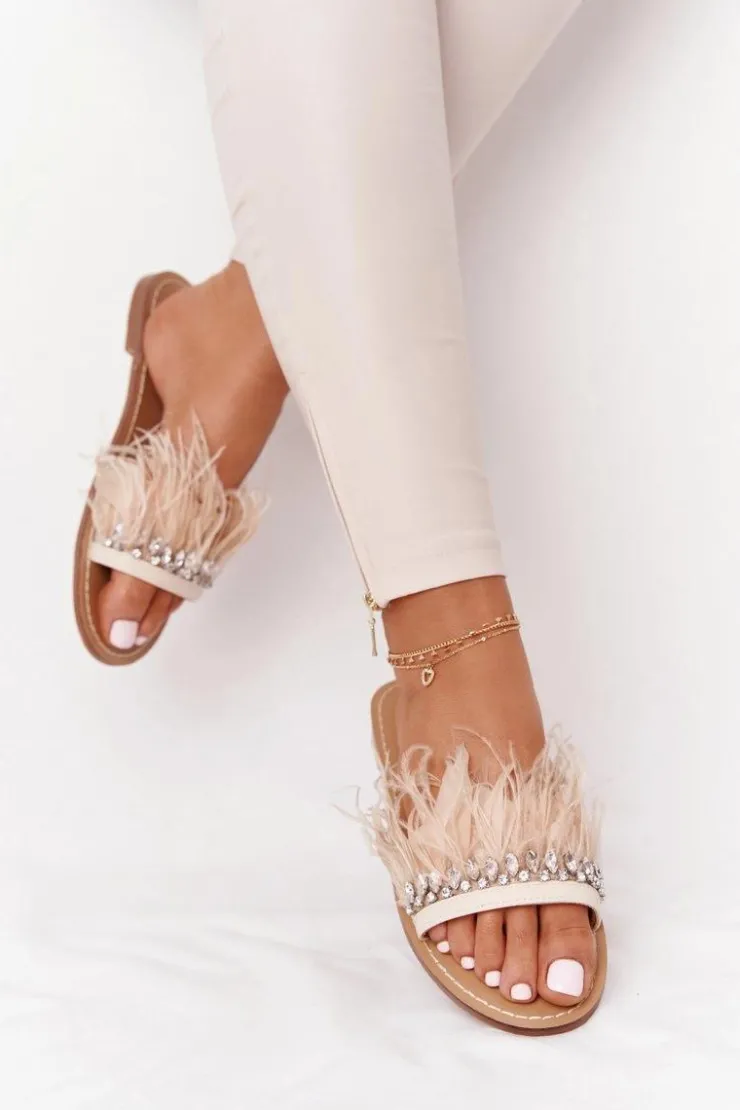 Damskie Boto Klapki Z Piórami Lu Boo Beżowe