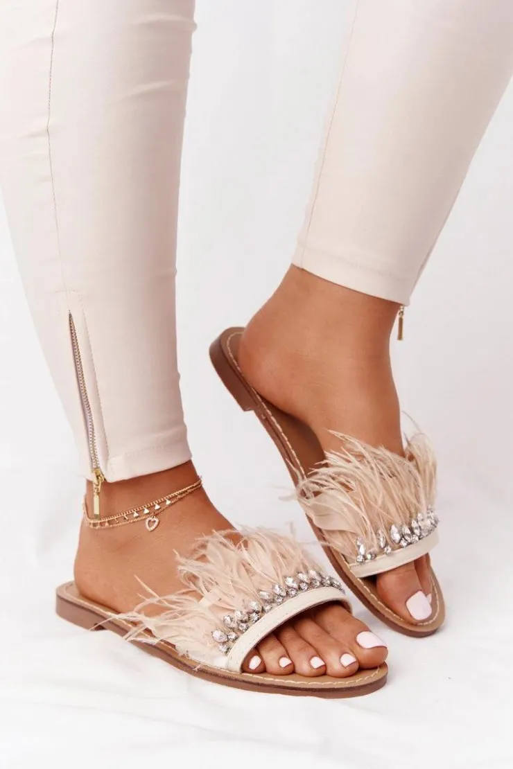 Damskie Boto Klapki Z Piórami Lu Boo Beżowe