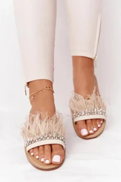 Damskie Boto Klapki Z Piórami Lu Boo Beżowe