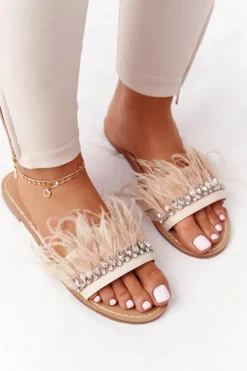 Damskie Boto Klapki Z Piórami Lu Boo Beżowe