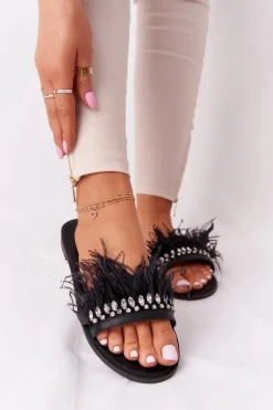 Discount Boto Klapki Z Piórami Lu Boo Czarne