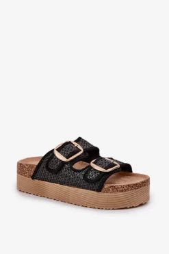 Damskie Boto Klapki Z Plecionką I Klamrami Na Masywnej Platformie Czarne Aralissea