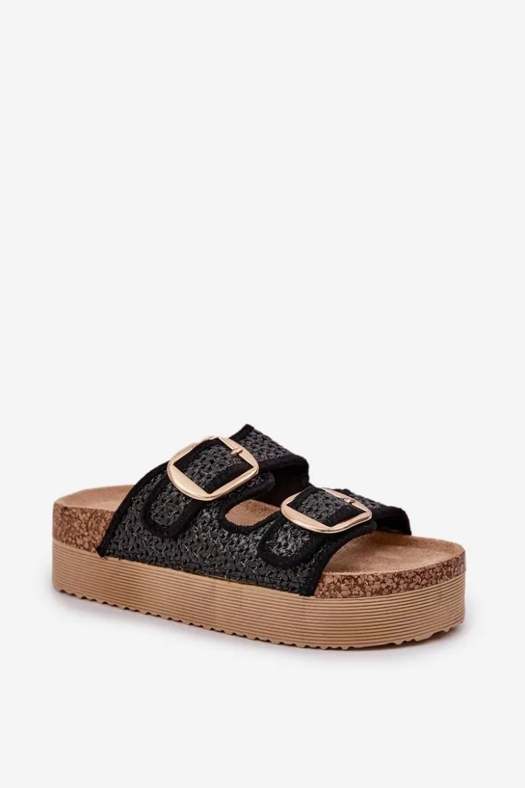 Damskie Boto Klapki Z Plecionką I Klamrami Na Masywnej Platformie Czarne Aralissea