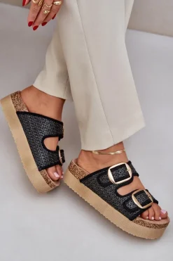 Damskie Boto Klapki Z Plecionką I Klamrami Na Masywnej Platformie Czarne Aralissea