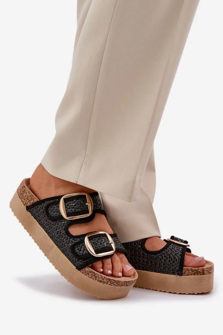 Damskie Boto Klapki Z Plecionką I Klamrami Na Masywnej Platformie Czarne Aralissea
