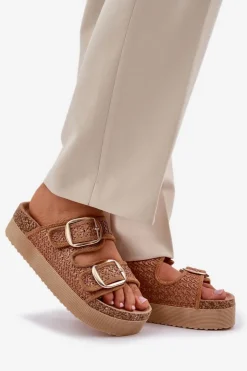 Discount Boto Klapki Z Plecionką I Klamrami Na Masywnej Platformie Camel Aralissea