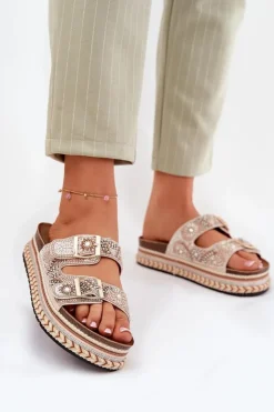 Boto Klapki Na Platformie|Klapki Damskie Klasyczne*Klapki Ze Zdobieniem I Klamrami Na Platformie Złote Mellene