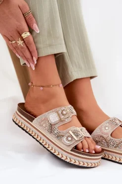 Boto Klapki Na Platformie|Klapki Damskie Klasyczne*Klapki Ze Zdobieniem I Klamrami Na Platformie Złote Mellene