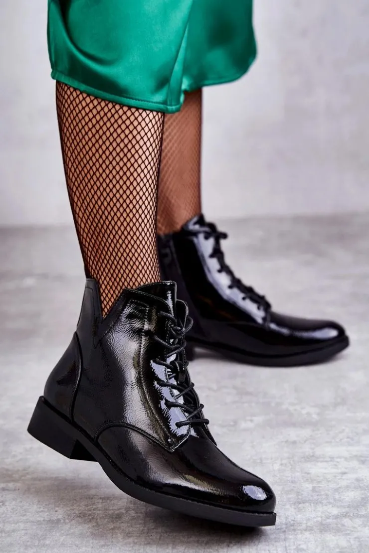 Damskie buty S.Barski Botki Sznurowane|Czarne Botki*Klasyczne Botki Lakierowane Damskie Sztyblety Bello