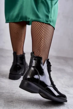 Damskie buty S.Barski Botki Sznurowane|Czarne Botki*Klasyczne Botki Lakierowane Damskie Sztyblety Bello