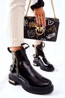 Discount Boto Klasyczne Botki Lakierowane Z Paskiem Czarne Lorie