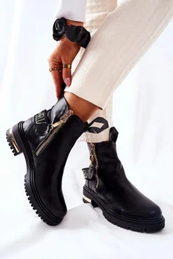 Boto Czarne Botki|Botki Płaskie*Klasyczne Botki Z Paskiem Czarne Lorie