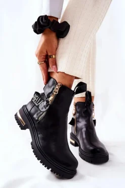 Boto Czarne Botki|Botki Płaskie*Klasyczne Botki Z Paskiem Czarne Lorie