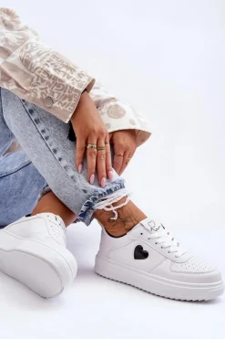 Boto Buty Sportowe Na Platformie|Sneakersy Damskie*Klasyczne Buty Sportowe Z Serduszkiem Biało-Czarne Amore