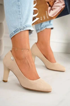 Damskie Boto Klasyczne Czółenka Na Słupku Zamszowe Beżowe Eleanor