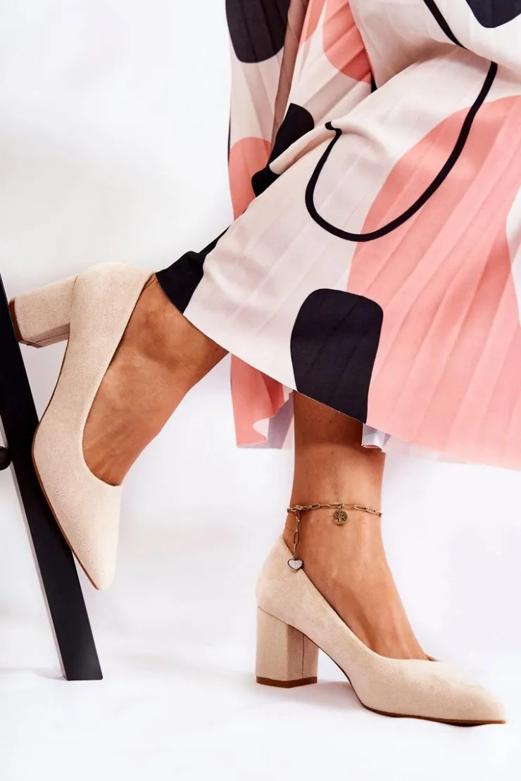 Damskie Boto Klasyczne Czółenka Zamszowe Na Słupku Beżowe Lency