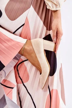 Damskie Boto Klasyczne Czółenka Zamszowe Na Słupku Beżowe Lency