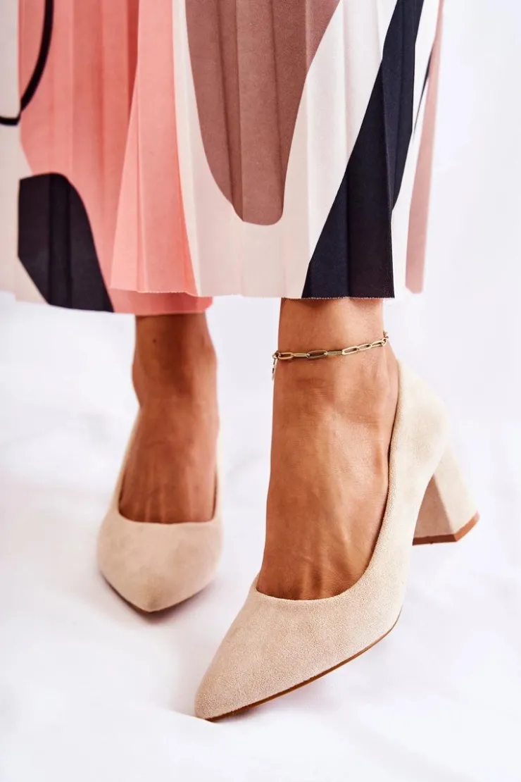 Damskie Boto Klasyczne Czółenka Zamszowe Na Słupku Beżowe Lency