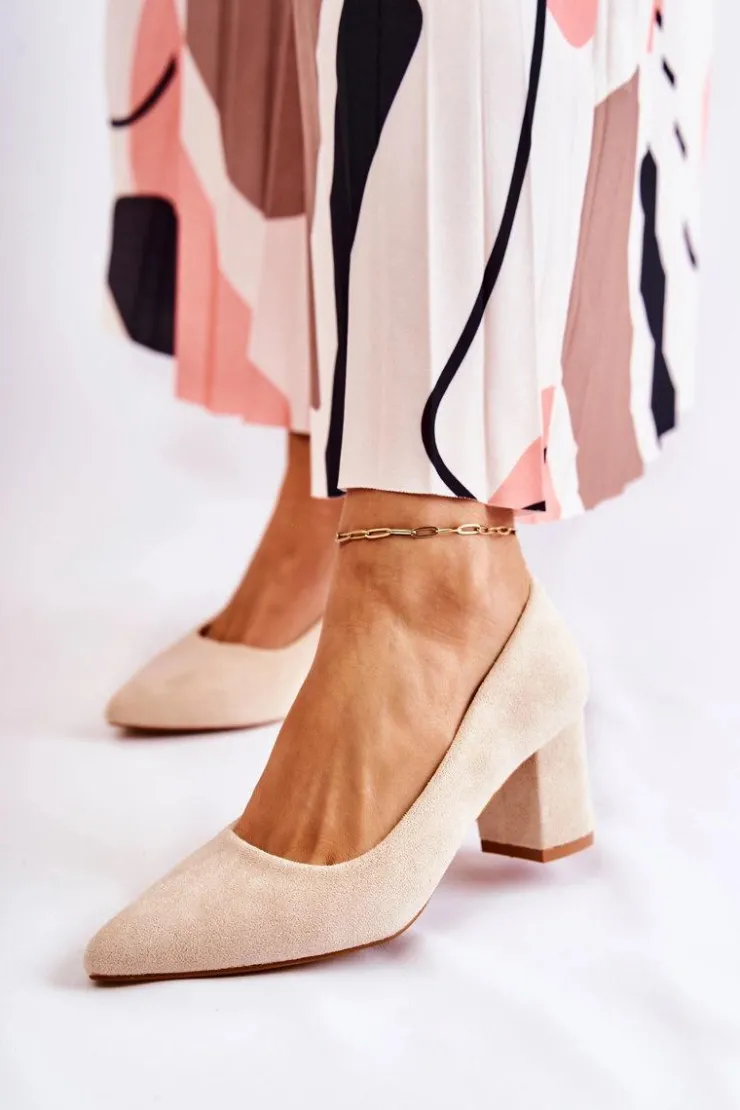 Damskie Boto Klasyczne Czółenka Zamszowe Na Słupku Beżowe Lency