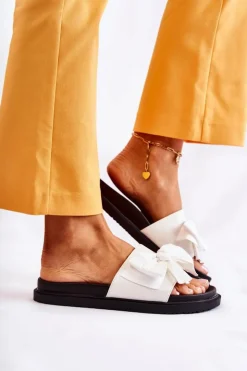 Clearance Boto Klasyczne Damskie Klapki Skórzane Z Kokardą Białe Dessy