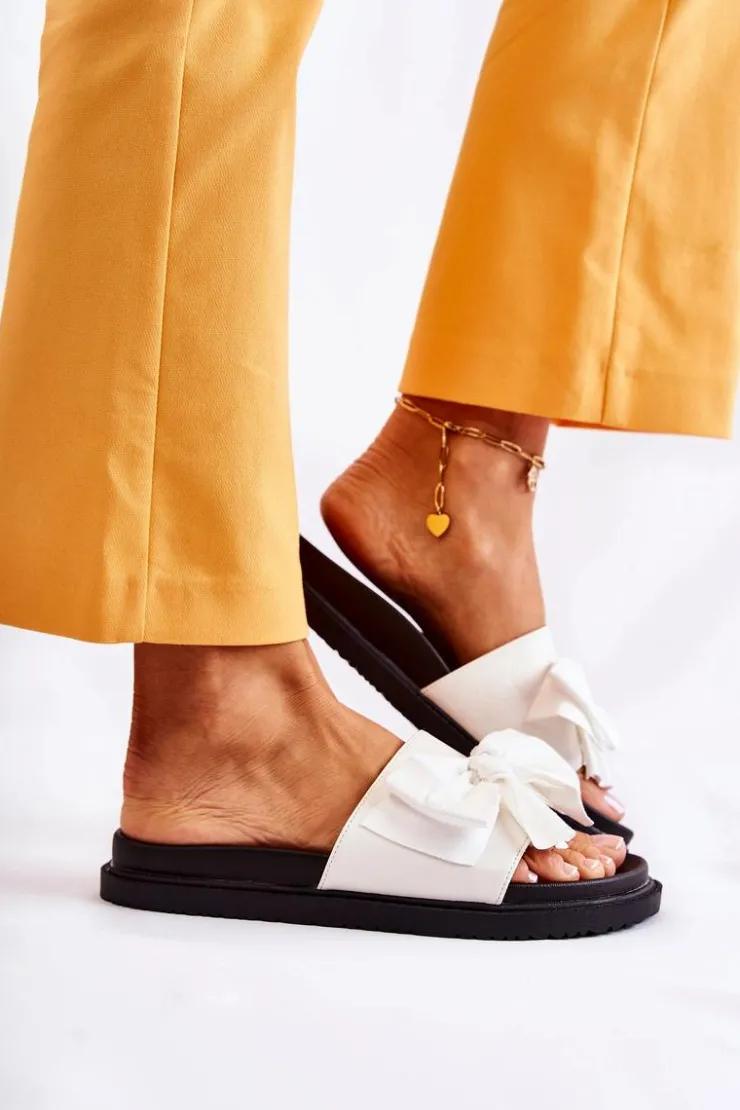 Clearance Boto Klasyczne Damskie Klapki Skórzane Z Kokardą Białe Dessy