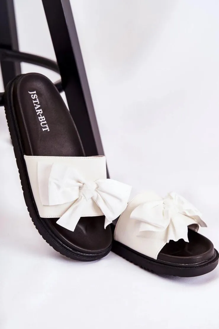 Clearance Boto Klasyczne Damskie Klapki Skórzane Z Kokardą Białe Dessy