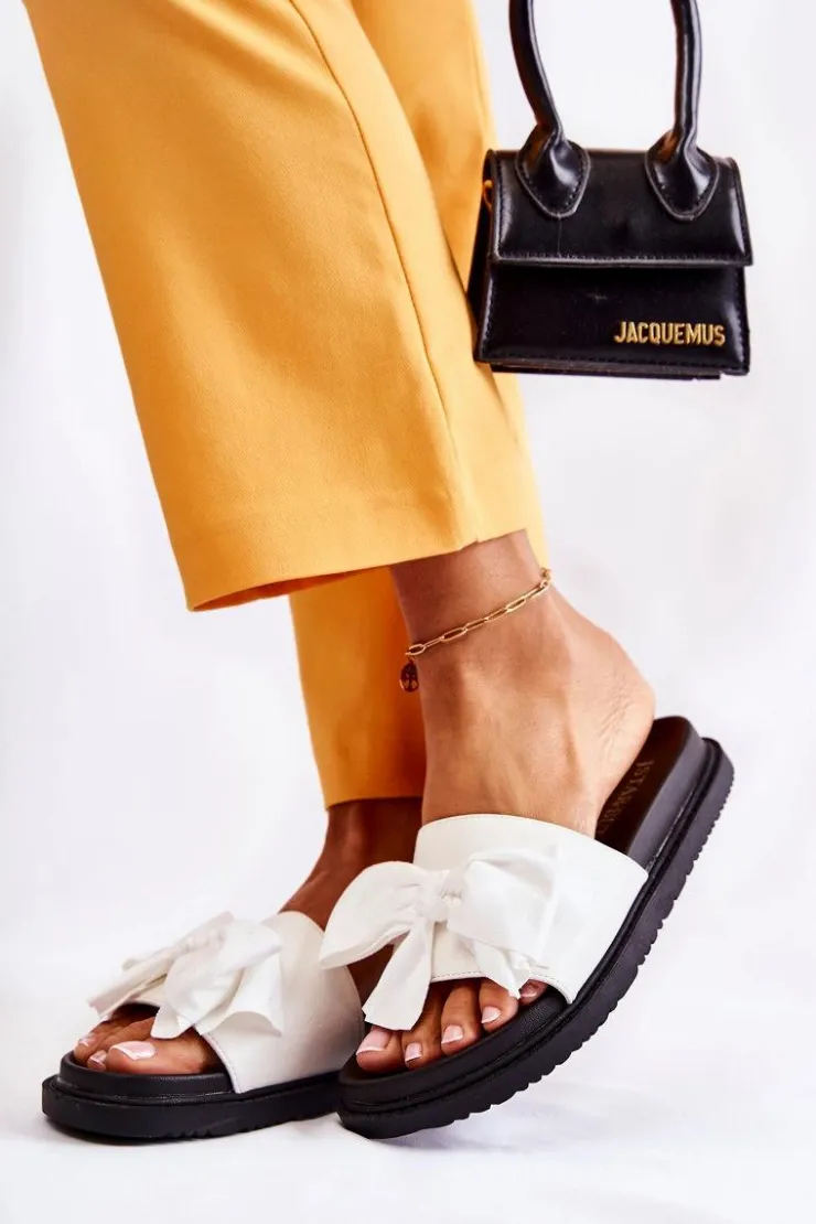 Clearance Boto Klasyczne Damskie Klapki Skórzane Z Kokardą Białe Dessy