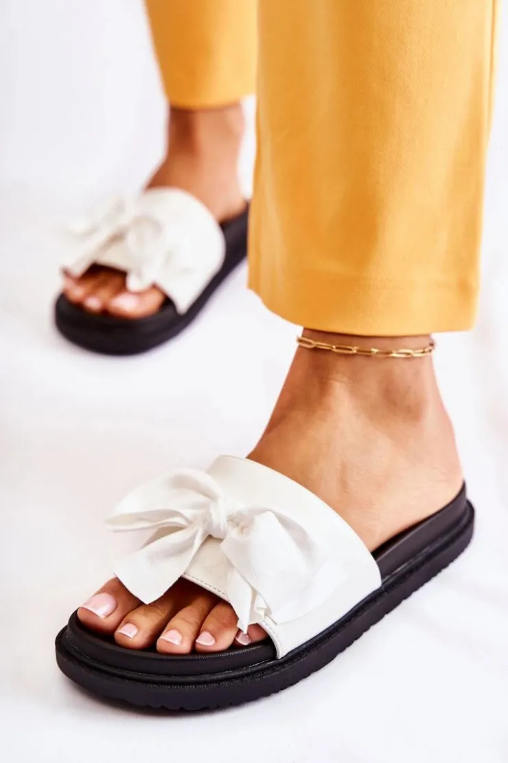 Clearance Boto Klasyczne Damskie Klapki Skórzane Z Kokardą Białe Dessy