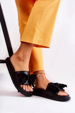 Boto Klapki Damskie Klasyczne*Klasyczne Damskie Klapki Skórzane Z Kokardą Czarne Dessy