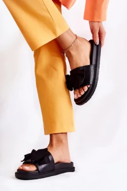 Boto Klapki Damskie Klasyczne*Klasyczne Damskie Klapki Skórzane Z Kokardą Czarne Dessy