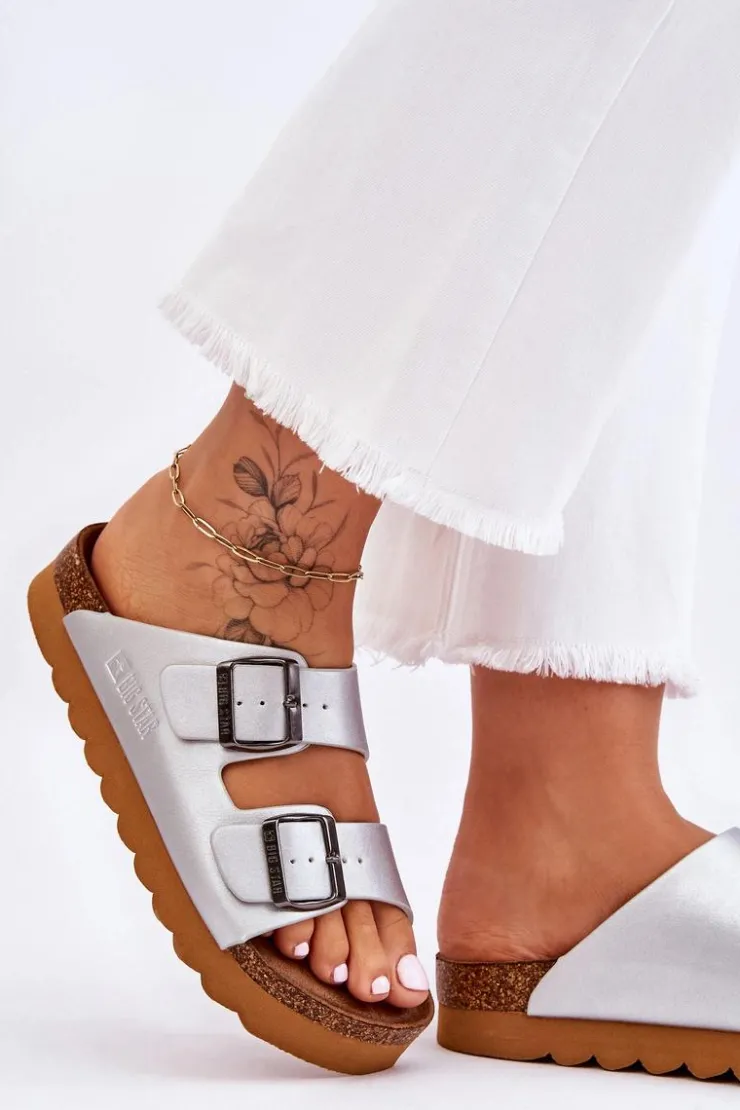 Big Star Shoes Klasyczne Damskie Klapki Big Star LL274476 Srebrne Srebrny