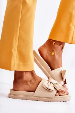 Damskie Boto Klasyczne Damskie Klapki Skórzane Z Kokardą Beżowe Dessy