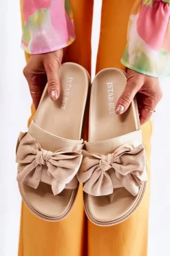 Damskie Boto Klasyczne Damskie Klapki Skórzane Z Kokardą Beżowe Dessy