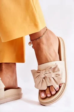 Damskie Boto Klasyczne Damskie Klapki Skórzane Z Kokardą Beżowe Dessy