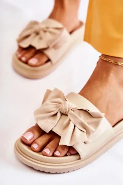 Damskie Boto Klasyczne Damskie Klapki Skórzane Z Kokardą Beżowe Dessy