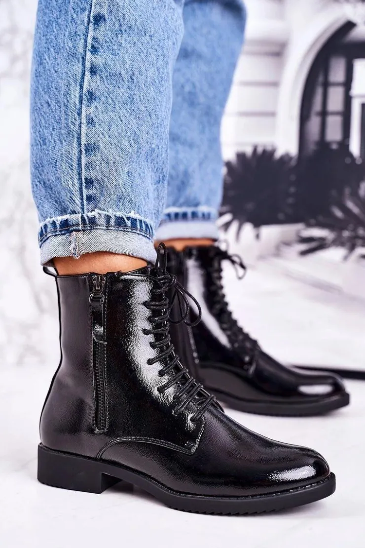 Damskie Boto Klasyczne Damskie Ocieplane Botki Lakierowane Czarne Simplicity