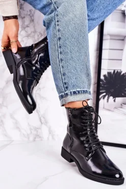 Damskie Boto Klasyczne Damskie Ocieplane Botki Lakierowane Czarne Simplicity