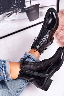 Damskie Boto Klasyczne Damskie Ocieplane Botki Lakierowane Czarne Simplicity