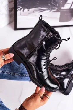 Damskie Boto Klasyczne Damskie Ocieplane Botki Lakierowane Czarne Simplicity