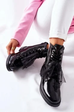 Outlet Damskie buty S.Barski Klasyczne Damskie Ocieplane Botki Lakierowane Czarne La Grotta