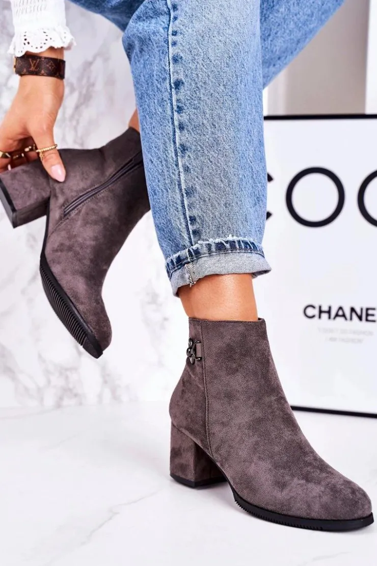 Boto Botki Na Słupku|Czarne Botki*Klasyczne Damskie Ocieplane Botki Na Słupku Szare Success